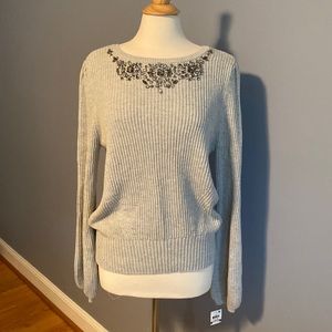 Bell sleeve soft gray knitted sweater, INC, multicolor rhinestone detail XL, New